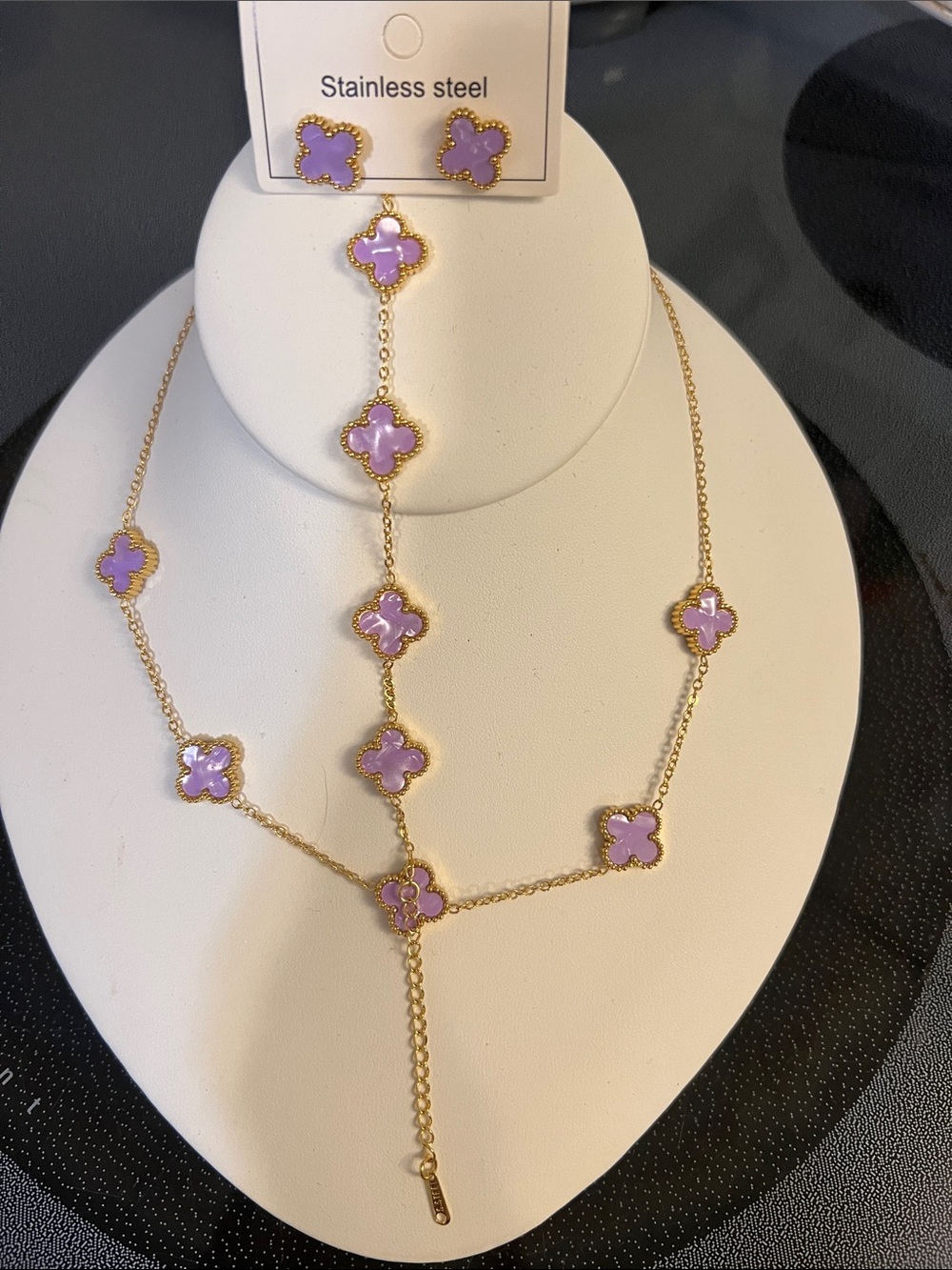Stainless Steel Gold-Plated Lavender Clover Pendant Necklace & Earrings Set